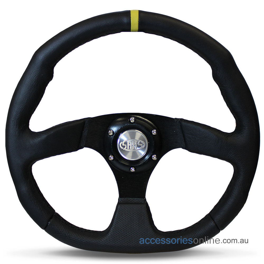 14" LEATHER Flat Bottom, Black Spokes, Indicator, sports steering wheel by SAAS