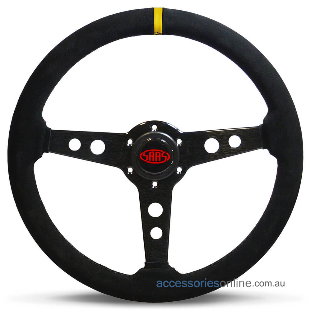 14" SUEDE Black Spokes, Indicator, Retro sports steering wheel by SAAS
